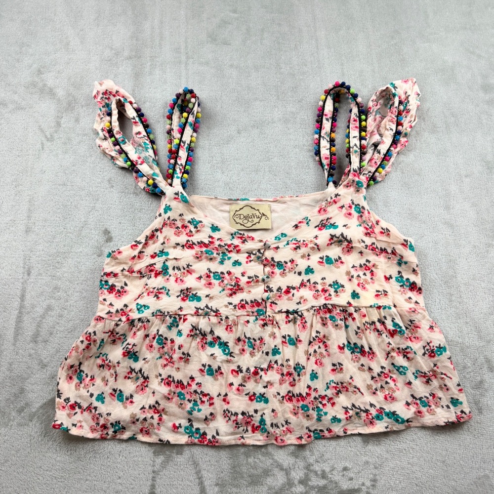 Deja Vu Floral‎ Pom Pom Strap Peplum Cami Top Pink Multi Women's Medium 6IT1945A